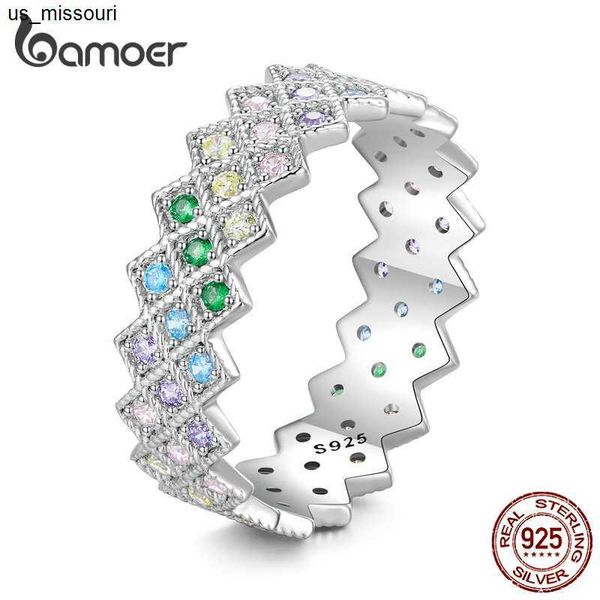 Anelli a fascia Bamoer 925 Sterling Silver Rhombus Pattern Colorful Diamond Ring Rainbow Zircon Band per le donne Party Fine Jewelry BSR419 J230522