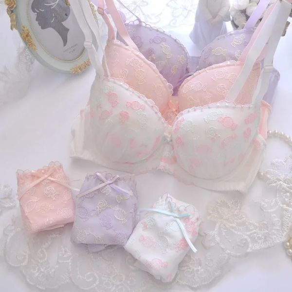 3 Colori Piccola Caramella Carino Reggiseno Giapponese Mutandine Set Morbido Sorella Intimo Confortevole Sonno Intimo Kawaii Lolita Large Size Q0705