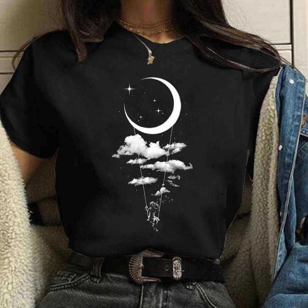 Moda de moda Mulher verão T Harajuku Camisa engraçada 90S Girl Lua Cartoon Graphic Impresso Black Ladies T-shirt Casual Woman Kawaii Tee