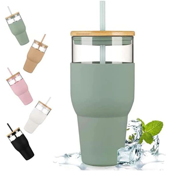 Tumbler de vidro de 32 onças com palha e tampa reutilizável Boba Smoothie Cup Coffee Coffee Tumbler com manga de silicone encaixa o suporte de copo garrafa de água de vidro BPA FY5733 grátis 0522