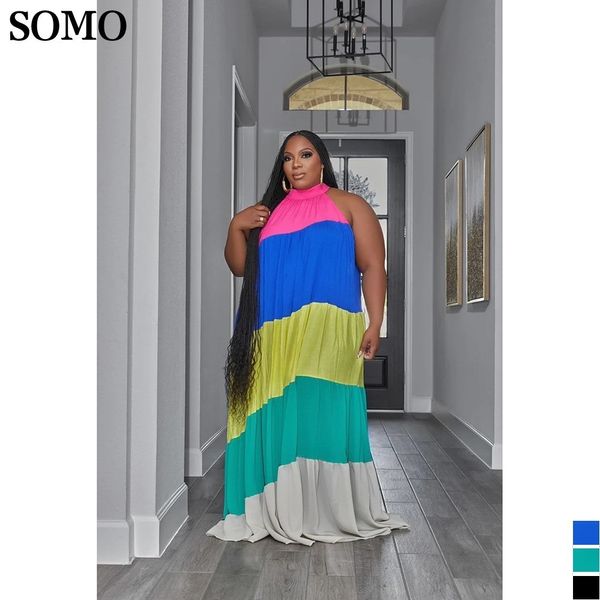 Abiti taglie forti SOMO Summer Fashion Contrast Colour Plus Size Abiti Party Clubwear Abito lungo maxi pieghettato senza maniche Goccia all'ingrosso 230520