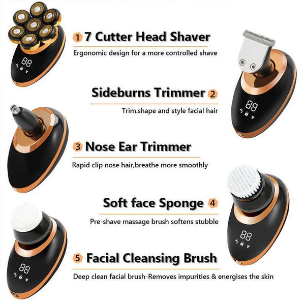 Elektrorasierer 5 in 1 7D wiederaufladbare Glatze Rasierer Kit für Männer USB LED Display Elektrorasierer Köpfe Bart Ohr Nase Haar Gesichtsschneider