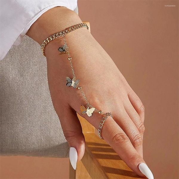 Strand Boho Butterfly Pingente Link pulseira Mulheres de uma peça de dedo Bulbões de anel de dedo Summer Senhoras de ouro Jóias de pulseira de lascas douradas