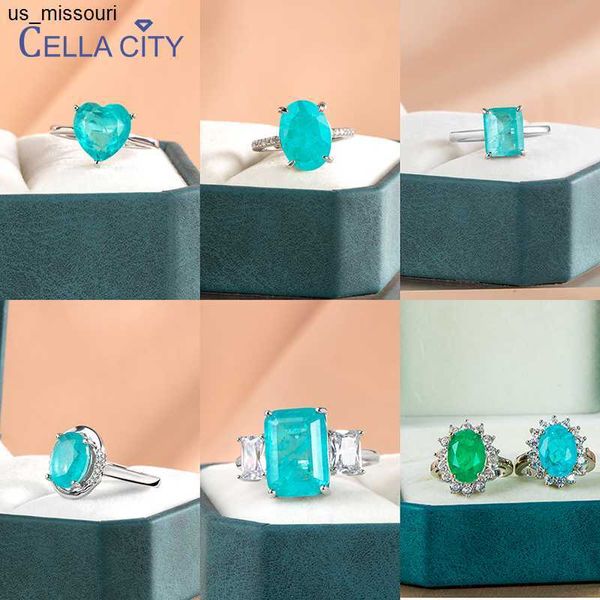 Anéis de banda Cellacity 925 Sterling Silver Big Blue Stone Synthetic Diamond Gemstone Emerald Cut paraiba turmaline pariba anel de jóias finas j230522