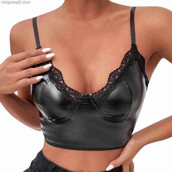 Bras Womens Vest Sütyen Dantel Pu Deri Seksi Patent Deri Dil Strap Göğüs Bardağı Sütyen Broş Dantel Çizgi Çizgi Çizilmemiş Sütyen Yeni T230522