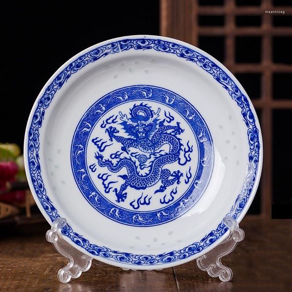 Teller 8 Zoll Chinesische Vintage Blau Und Weiß Porzellan Drachen Muster Abendessen Jingdezhen Keramik Platte Runde Kuchen Steak Teller