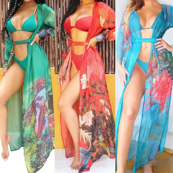 Parei Bikini da donna sexy Cover Up Cardigan Stampa floreale Costumi da bagno a maniche lunghe Beach Sarong Kimono Kaftan Top Casual sciolto