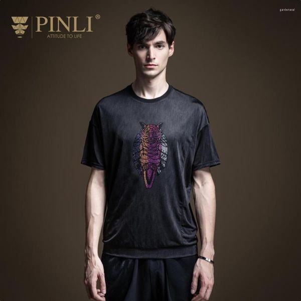 T-shirt da uomo Pinli 2023 Summer Slim O-Collo Poliestere Ricamato Antirughe Elastico in vita T-shirt casual a maniche corte B202311078