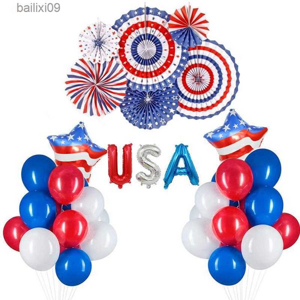 Parti Dekorasyon Bağımsızlık Günü Balon 4 Temmuz Bağımsızlık Günü Dekorasyon Partisi Dekorasyon Kağıt Fan Fan Alüminyum Folyo Balon Seti T230522