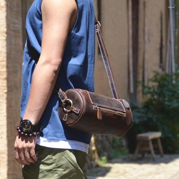 Borse da esterno Borsa da uomo in pelle vintage Borsa da motociclista alla moda in pelle bovina Cilindro da spalla casual da donna