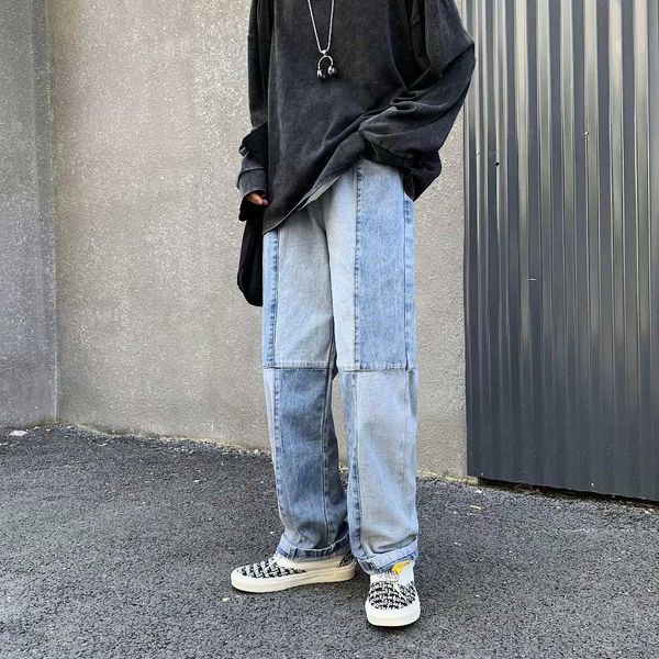 Calça de retalhos de jeans masculino calça de jeans masculino masculino de jeans masculino de perna reta azul grafetti jean carros de moda de hip hop masculinos P230522