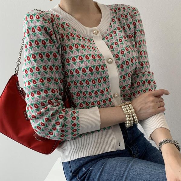 Damen-Strick-T-Shirts, schicke Strickjacke für Damen, lässig, Vintage-Blumenmuster, Herbst-Winter, Freizeit, feminine Oberteile, passend zu weichen Weihnachtspullovern