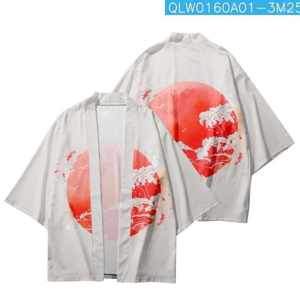 Ethnische Kleidung Sommer Paar Frauen Männer Haori Yukata Casual Lose Strickjacke Cartoon Sonne Welle Gedruckt Kimono Strand Shorts Streetwear