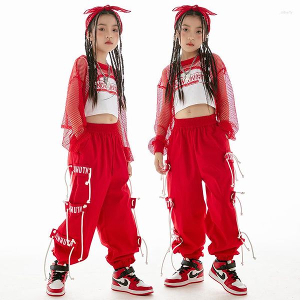 Stage Wear Costume da jazz per ragazze Abbigliamento da ballo hip-hop Red Net Crop Top Pantaloni Gilet Kids Concert Performance Kpop Outfit BL10687