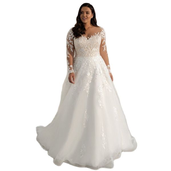 Plus Size A Line Abiti da sposa con maniche lunghe con scollo a V e bottoni sul retro Abito da sposa per la sposa Country Robe De Mariee