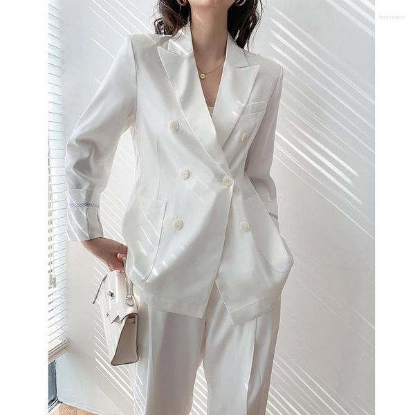 Damenanzüge Hosenanzug 2023 Frauen Solid White Chiffon Blazer Jacke Langes, breites Bein 2-teiliges Set Weibliche Mode Lässige Outfits
