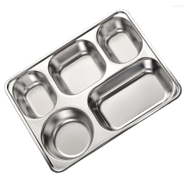 Set di stoviglie 304 Piatti divisi in acciaio inossidabile per adulti Vassoio da pranzo 5 sezioni Contenitori Bento (Argento) 28X22CM