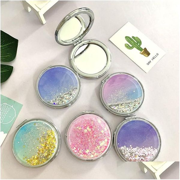 Specchi Liquid Bling Glitter Quicksand Specchio pieghevole portatile 5 colori Doppia faccia pieghevole Tasca consegna Drop Home Garden Dhzou