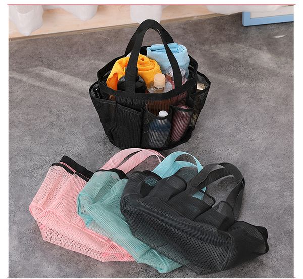 Bolsas de armazenamento novas Caddy de chuveiro de malha Saco de bolsa rápida seco oxford pendurado higiene pessoal e banheira Organizador com 8 compartimentos por atacado