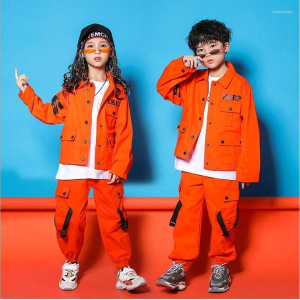 Стадия ношения Kid Cool Hip Hop Clothing Fockets Orange Jacken Куртка Top Tover Cancual Cargo Bins для девочек мальчики Джазовый танцевальный костюм одежда