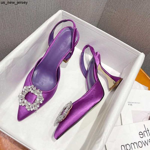 Sandálias Purple/Green Women Pumps Luxury Crystal High Slingbacks Sapatos de noiva de verão Sapatos de casamento de triângulo confortável 35-41 J230518 J230519 J230522