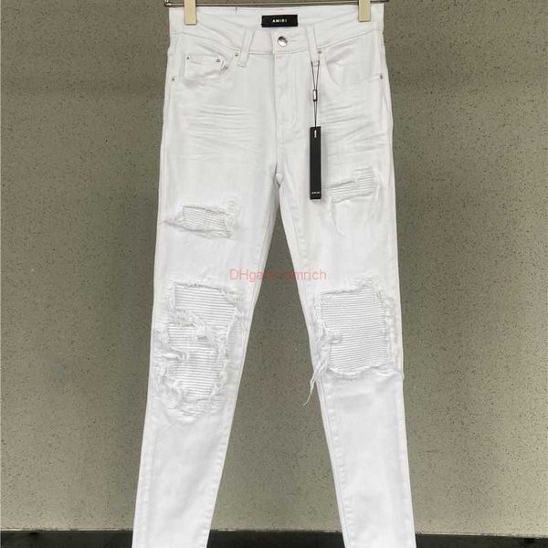 Designer Clothing Amires Jeans Denim Pants Amies Hole Patch White Jeans Mens Youth High Street Trend Slimming Elastic Leg Trousers Mens Distressed Ripped jeans 23