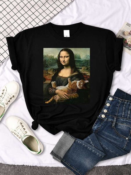 Camisa camisa marca de verão feminino Mona t lisa abraçando gato adorável camiseta impressa fofa para feminino gótico gótica de camiseta gótica