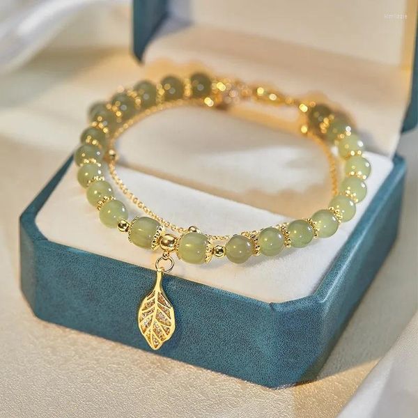 Strand Wotian Jade Lucky Gold Leaf Colore del braccialetto per le donne Il braccialetto di Hetian lascia il regalo dei gioielli a doppio strato Porta fortuna Ricchezza
