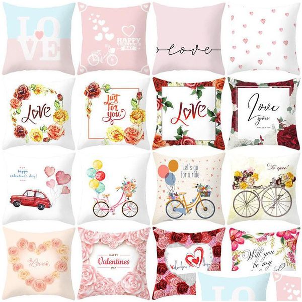 Federa per cuscino Happy Valentines Day Cases Heart Love Print Throw Valentine Home Decoration Federa Drop Delivery Garden Textiles Bed Dhuba