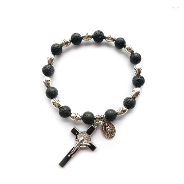 Странд Qigo Cross Bracelets Винтажные девственные стрит Бенедикт Черный камень Католические украшения