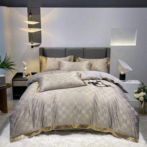 Gold Silver Coffee Jacquard Bedding Luxury Conjunto de cama queen king size manchas de cama de cama de cama de cama 4pcs algodão seda tampa de edredão de renda conjuntos