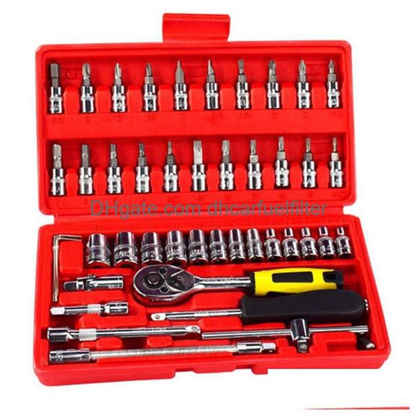 Utensili a mano 46Pcs Set di prese per motociclette mobili Strumento di riparazione per auto Chiave a cricchetto di precisione Manicotto per giunzione Hardware Kit Scatola Drop Delivery M Dhihl