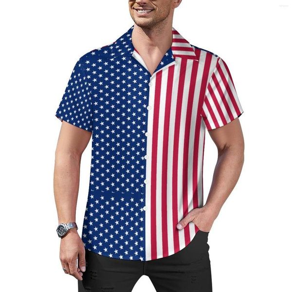 Camisas casuais masculinas Red White Blue Stars Camisa solta Vacation Patriotic USA Flag Summer Graphic Manga curta Moda Blusas grandes