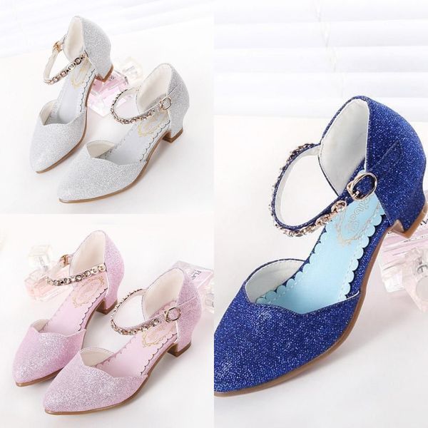 2023 estate Eccellente principessa ragazze sandali scarpe per bambini per vestito piccolo tacco alto moda glitter partito blu bianco danza sandalo da sposa