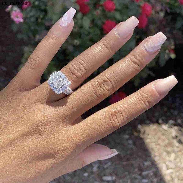 Anéis de banda Luxury 925 Sterling Silver Pave 4pcs Princesscut Sona Anel de casamento de diamante para mulheres Platinum jóias de platina Girl J230522