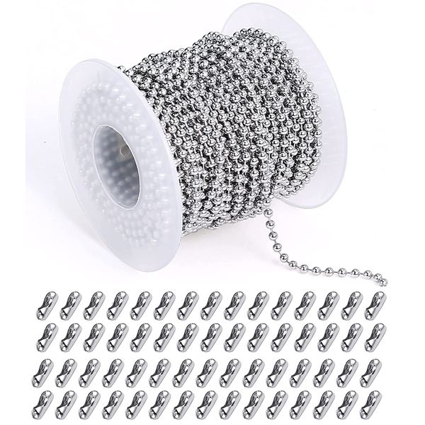 5 m lange Edelstahl-Perlenkette, 1,5/2/2,5/3 mm Kugelkette mit 50 passenden verstellbaren Zugverbindern für die Herstellung von Schlüsselanhänger-Schmuck