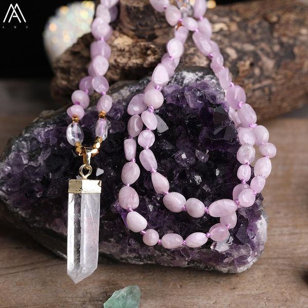 Colares Natural Branco Quartzo Freeform Point Pingente Kunzite Cristal Irregular Chip Beads Cord Atado Mala Handmade Colar Jóias