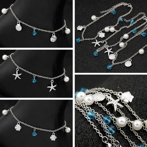 Fußkettchen Edelstahl Ocean Shell Star Imitation Perle Fußkettchen Silber Farbe Anhänger Fußkettchen Frauen Sommer Strand Sandale Fuß Schmuck 1PC G220519