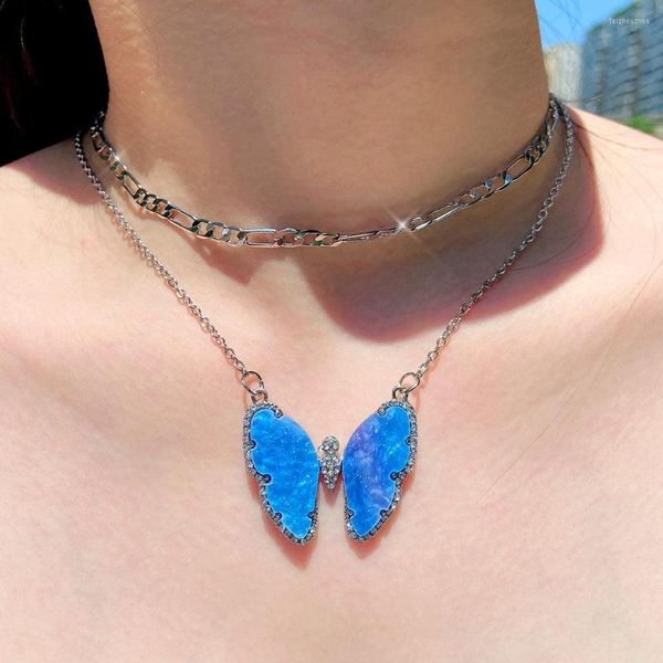 Correntes Flatfoosie Butterfly Butterfly Colares de borboleta azul para mulheres Multilayer Luxury Crystal Colar Fashion Boho Jewelry Party Gift