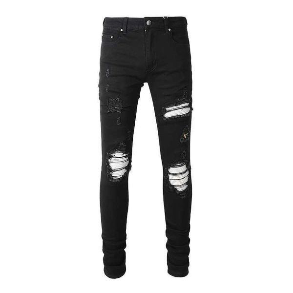 Jeans masculinos rachados de couro prateado rachado jeans rio streetwear tight banda elástica jeans de calça de pant rachadura acorde preto calças p230522