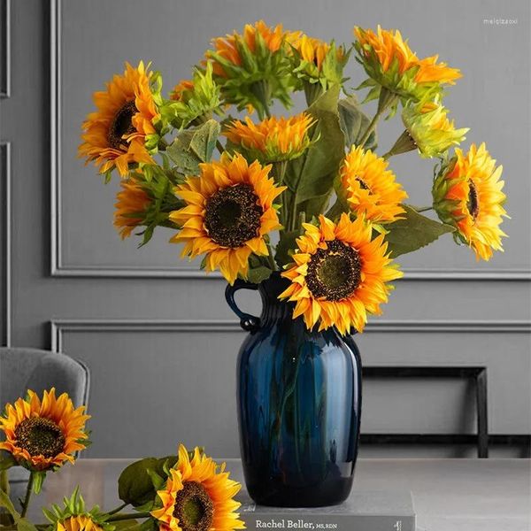 Flores decorativas de 63 cm de simulação de flores falsas de girassol Vaso de buquê de buquê seco da sala de estar minimalista moderna decoração de mesa de jantar