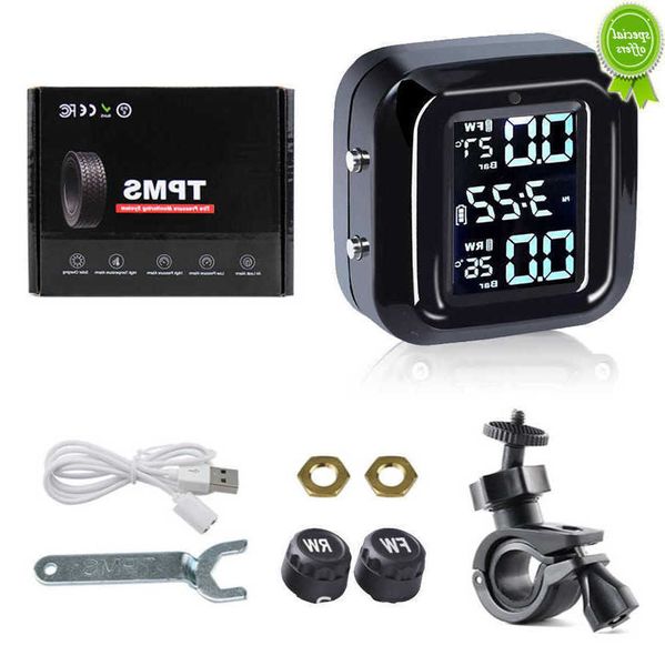 CAR NOVO LCD sem fio LCD Motocicleta portátil TPMS Testador de temperatura de pneu 2 Sensores externos Alarme do monitor de pressão do pneu do motor de bicicleta