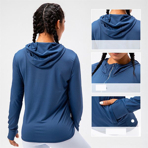 ll Womens Yoga Outfit Proteção Solar Hoodies Manga Longa Zipper Jaqueta Com Capuz Camisas Casuais UPF 50 Protetor Solar Zip Completo T-shirts Bolsos Para O Verão D15011
