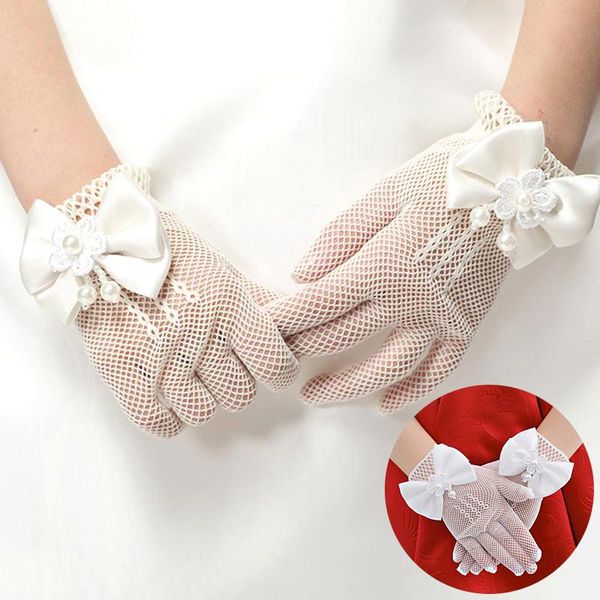 Guanti a cinque dita Ragazze Maglia Fiocco Pizzo Perla Decorazione Articoli per feste Cerimonia di compleanno per bambini Accessori per incoronazione Guanti regalo