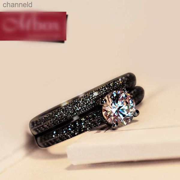 Band Rings vintage Crystal Round Wedding Ring Set Moda Black Gold Bridal noivado Anel Promessa de Zircão Rings de Pedra para Womenl230518
