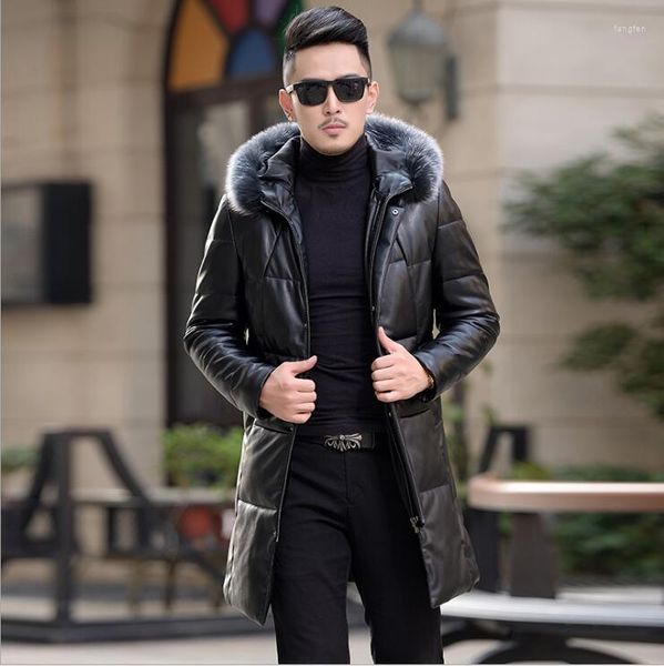 Männer Unten Marke Winter Leder Jacke Männer Koreanische Dünne Lange Windjacke Mode Männlichen Mit Kapuze Pelz Kragen Outwear