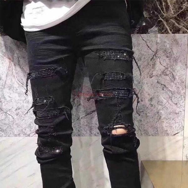 Designer Clothing Amires Jeans Denim Pants Amies Fashion Brand Black Hot Diamond Slp Perforated Jeans Mens Youth High Street Rock Slim Fit Small Foot Long Pants 2023