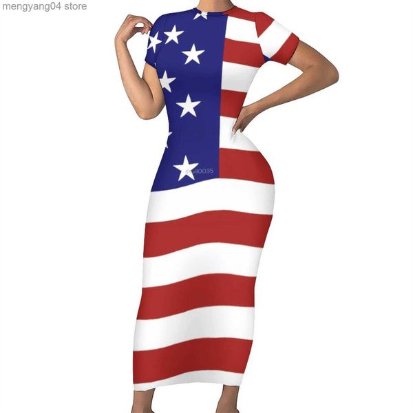 Vestidos casuais American USA Flag Dress Sleeve curta 4 de julho Fashion Moda Maxi Dressos Sexy Bodycon Dress Design de grandes dimensões Vestidos T230522