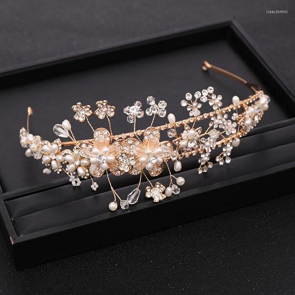 Haarspangen, trendige Braut-Kopfbedeckungen, goldene Blume, Tiara, Strass, Kristall, Perlenkrone, Hochzeit, Prinzessin, Party, Stirnband, Zubehör