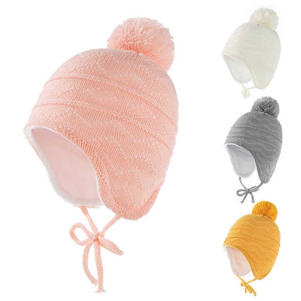 Mützen Hüte Süße flauschige Baby warme Herbst Winter Kinder Mädchen Jungen Mütze gehäkelt einfarbige Ohrenschützer G220522